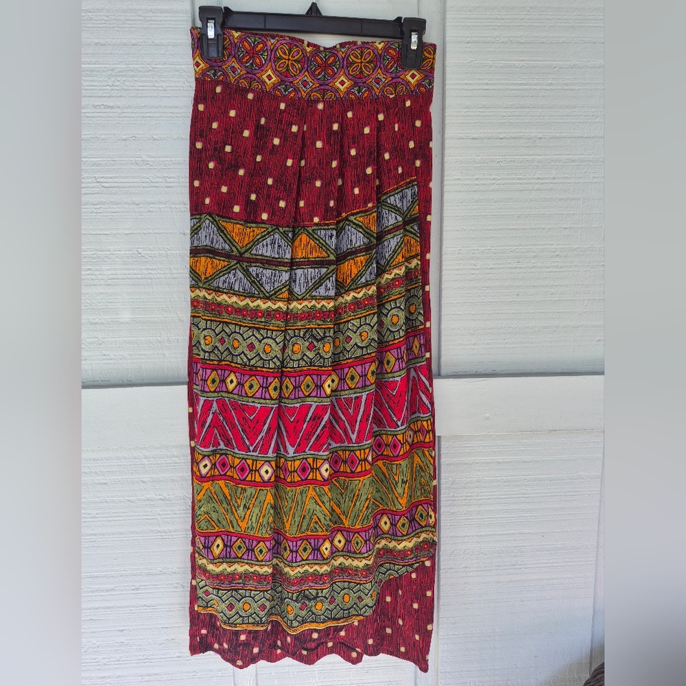 VTG Componix Red Geometric/Axtec Faux Wrap Maxi Skirt Small Boho Hippie